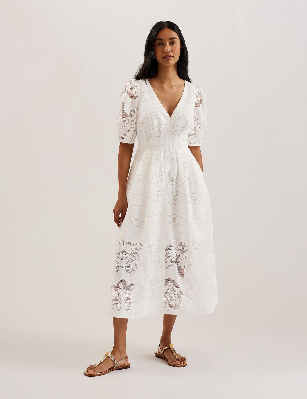 Ted Baker AGNEL - Lace Puff Sleeve Cotton Blend Midi-jurk Dames Wit | FTEZ-56471