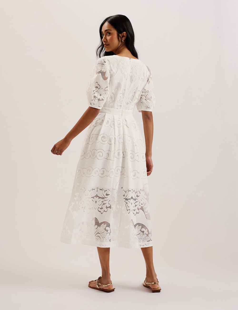 Ted Baker AGNEL - Lace Puff Sleeve Cotton Blend Midi-jurk Dames Wit | FTEZ-56471