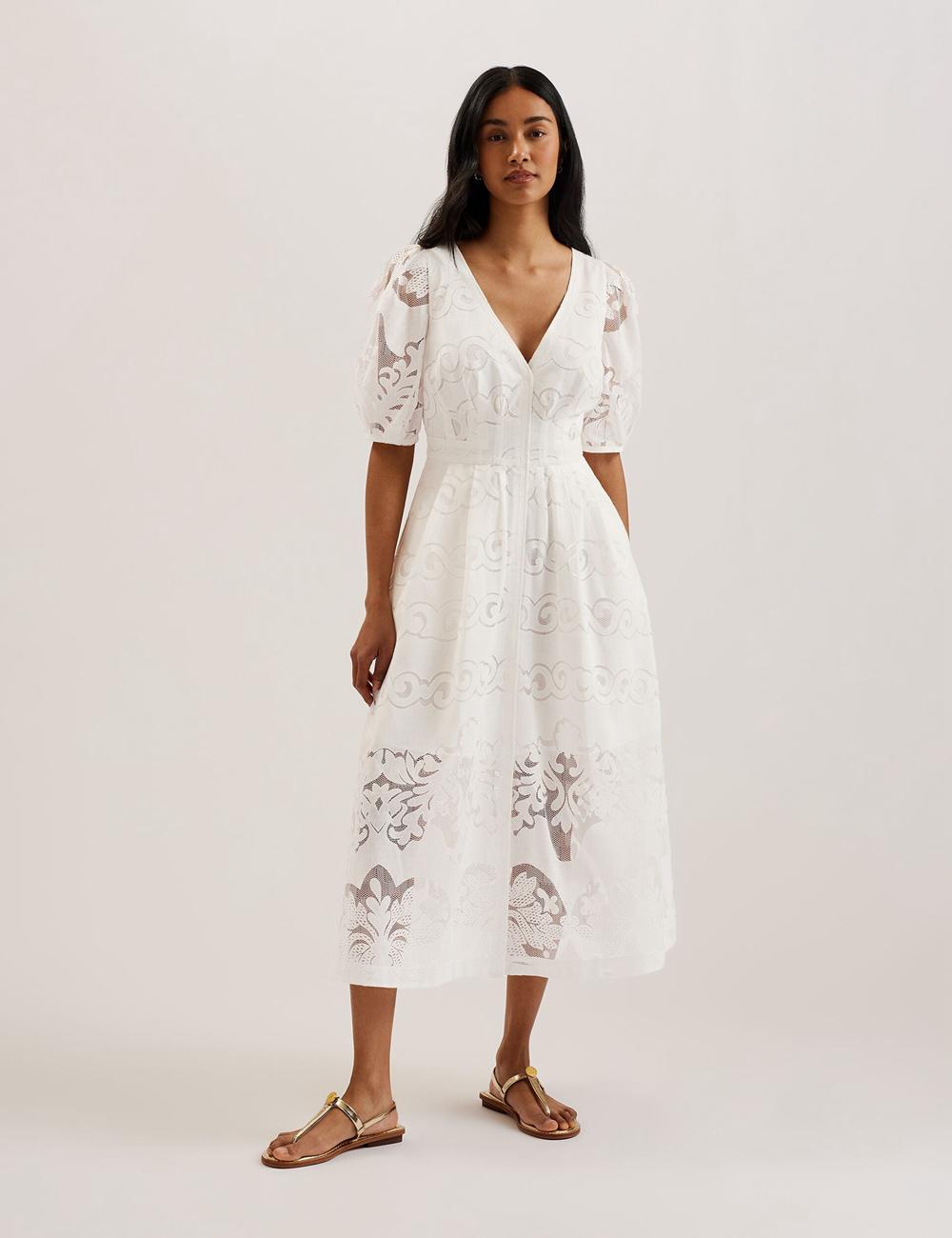 Ted Baker AGNEL - Lace Puff Sleeve Cotton Blend Midi-jurk Dames Wit | FTEZ-56471
