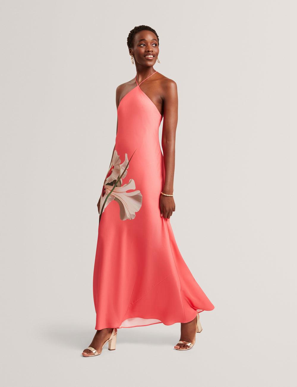 Ted Baker AJIMA - Floral Graphic Halter Neck Satin Maxi Jurk Dames Koraal | PIJO-97143