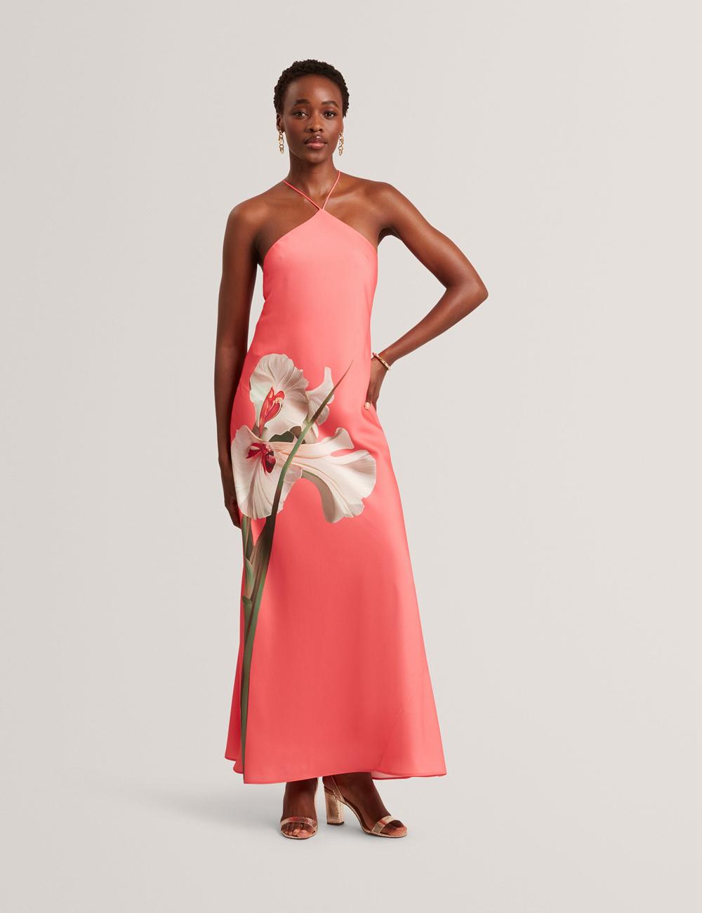 Ted Baker AJIMA - Floral Graphic Halter Neck Satin Maxi Jurk Dames Koraal | PIJO-97143