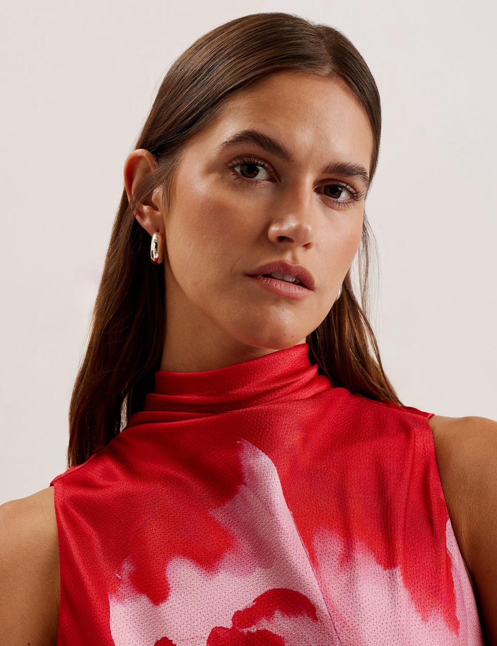 Ted Baker ALIARA - Floral Satin High Neck Sleeveless Midi-jurk Dames Rood | YGAK-15768