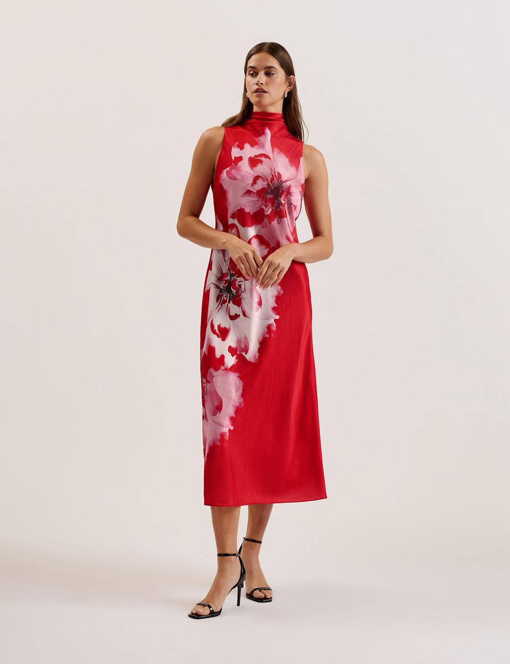 Ted Baker ALIARA - Floral Satin High Neck Sleeveless Midi-jurk Dames Rood | YGAK-15768