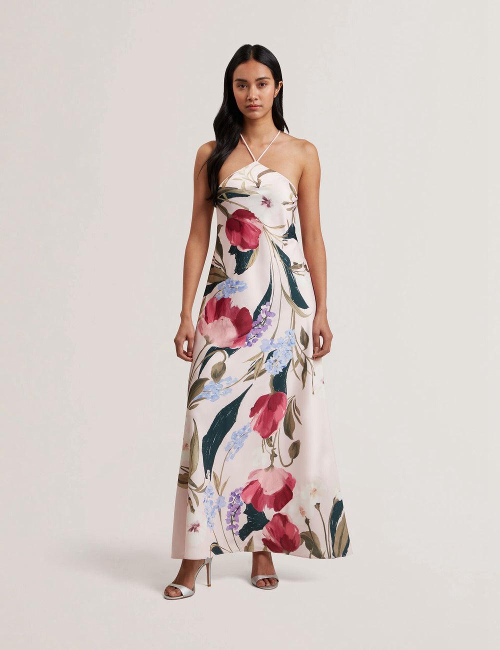 Ted Baker ALMARIA - Floral Halter Neck Woven Maxi Jurk Dames Roze | MKXE-05438