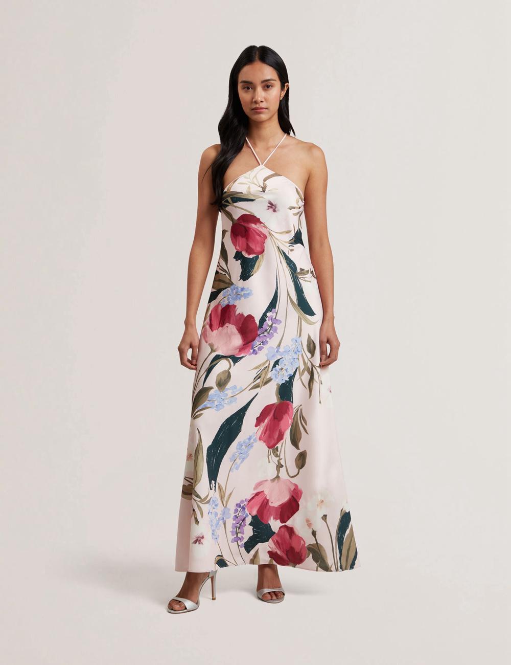 Ted Baker ALMARIA - Floral Halter Neck Woven Maxi Jurk Dames Roze | MKXE-05438