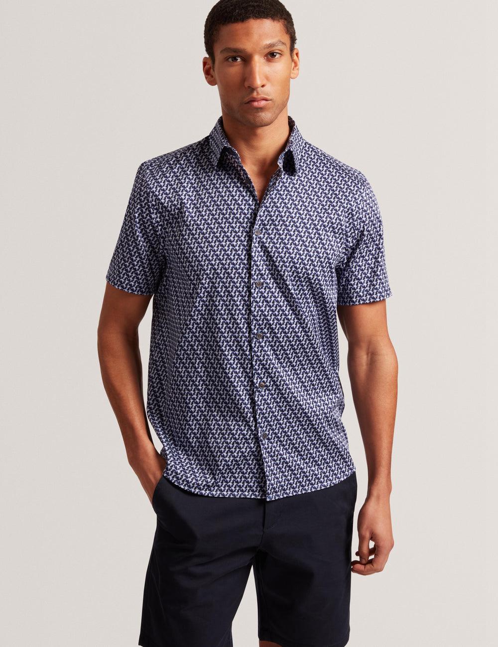 Ted Baker ALPHSO SS Regular Fit Geo Overhemd Heren Donkerblauw | KTCV-29580