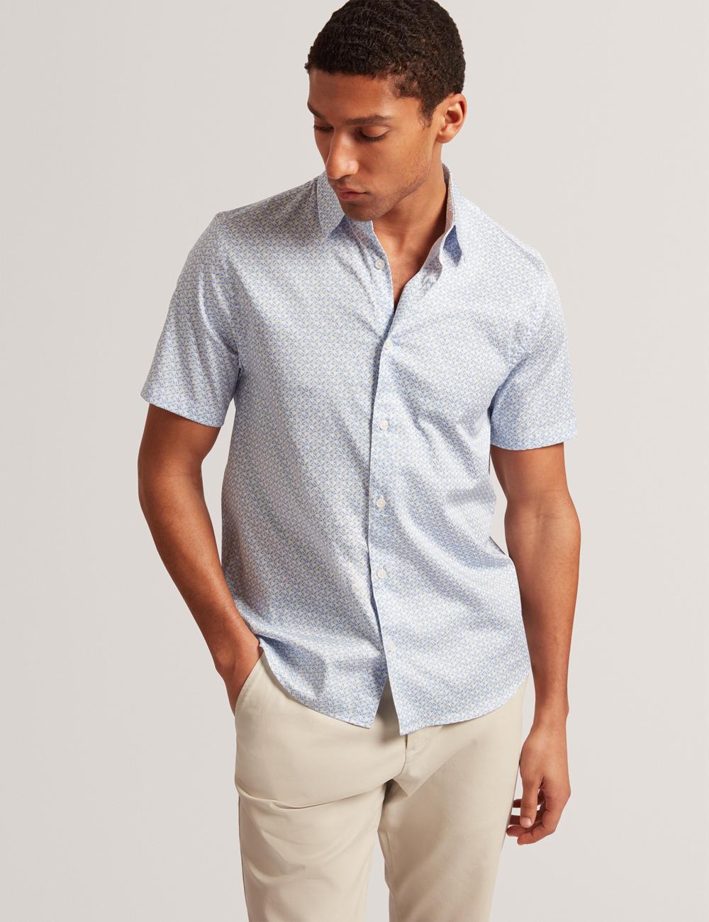 Ted Baker ALPHSO - SS Regular Fit Geo Overhemd Heren Blauw | TISL-23890
