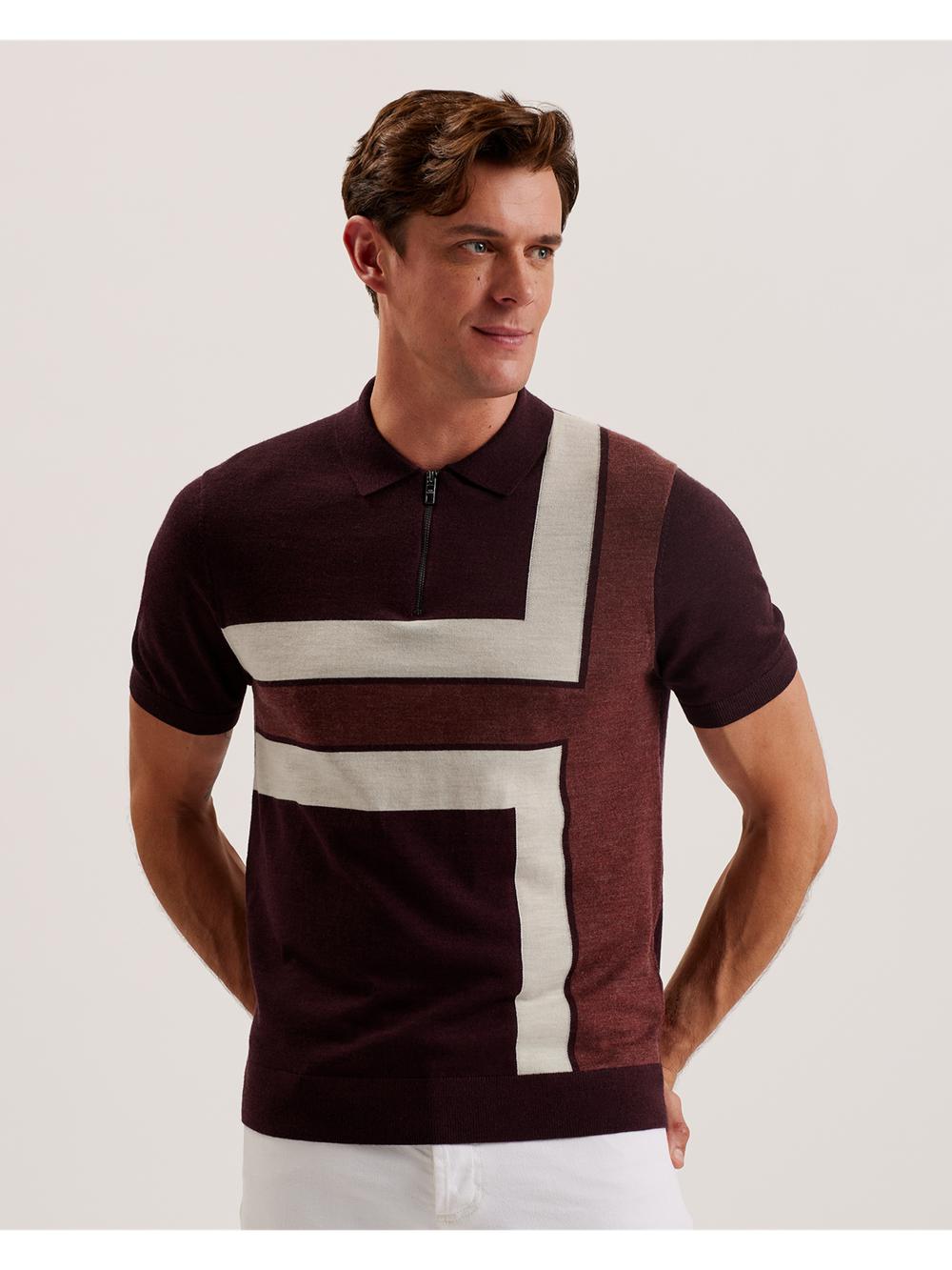 Ted Baker AMBLER - Colour Block Zip Neck Wool Poloshirt Heren Bordeaux | RZBC-67593