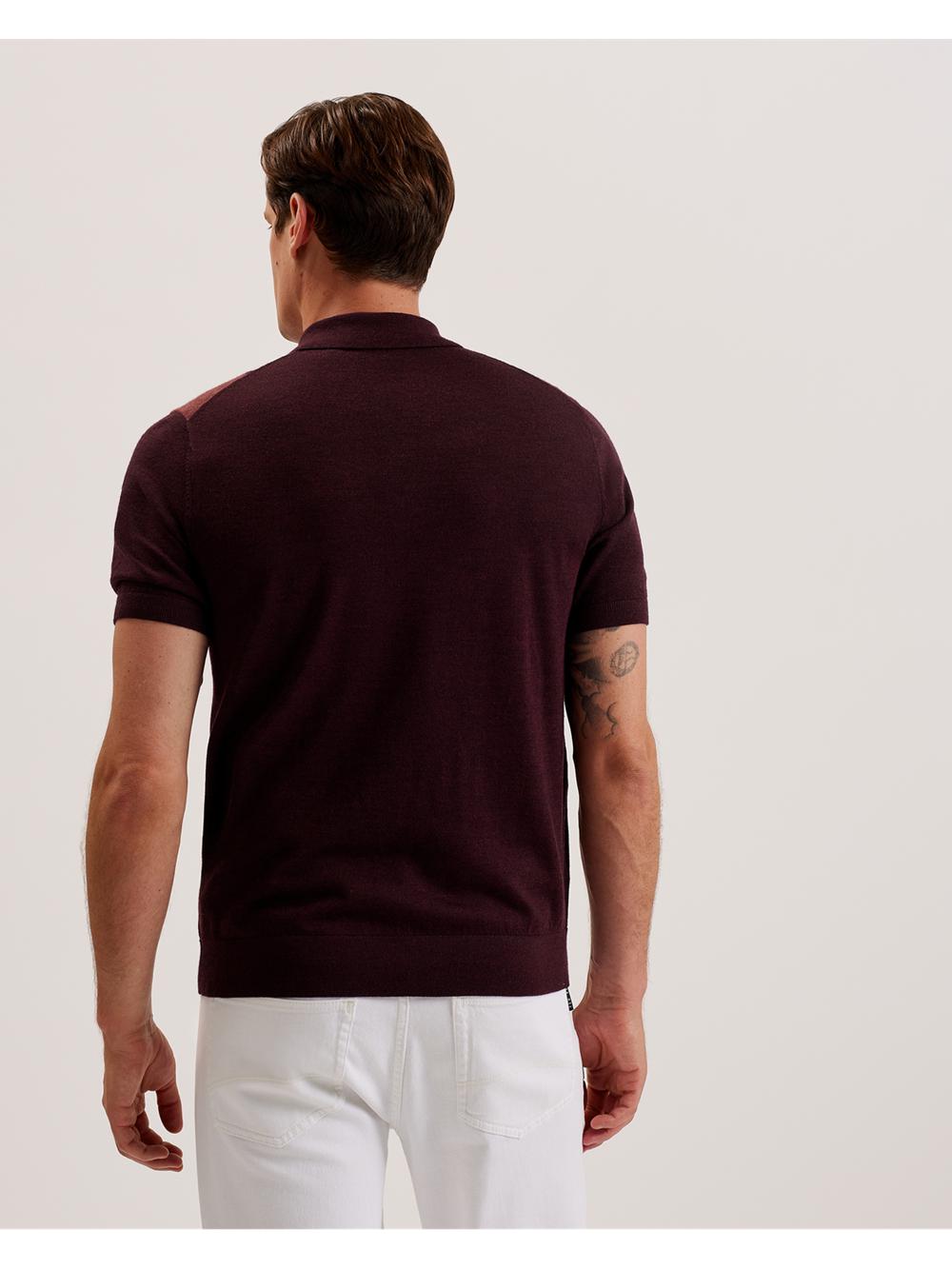 Ted Baker AMBLER - Colour Block Zip Neck Wool Poloshirt Heren Bordeaux | RZBC-67593
