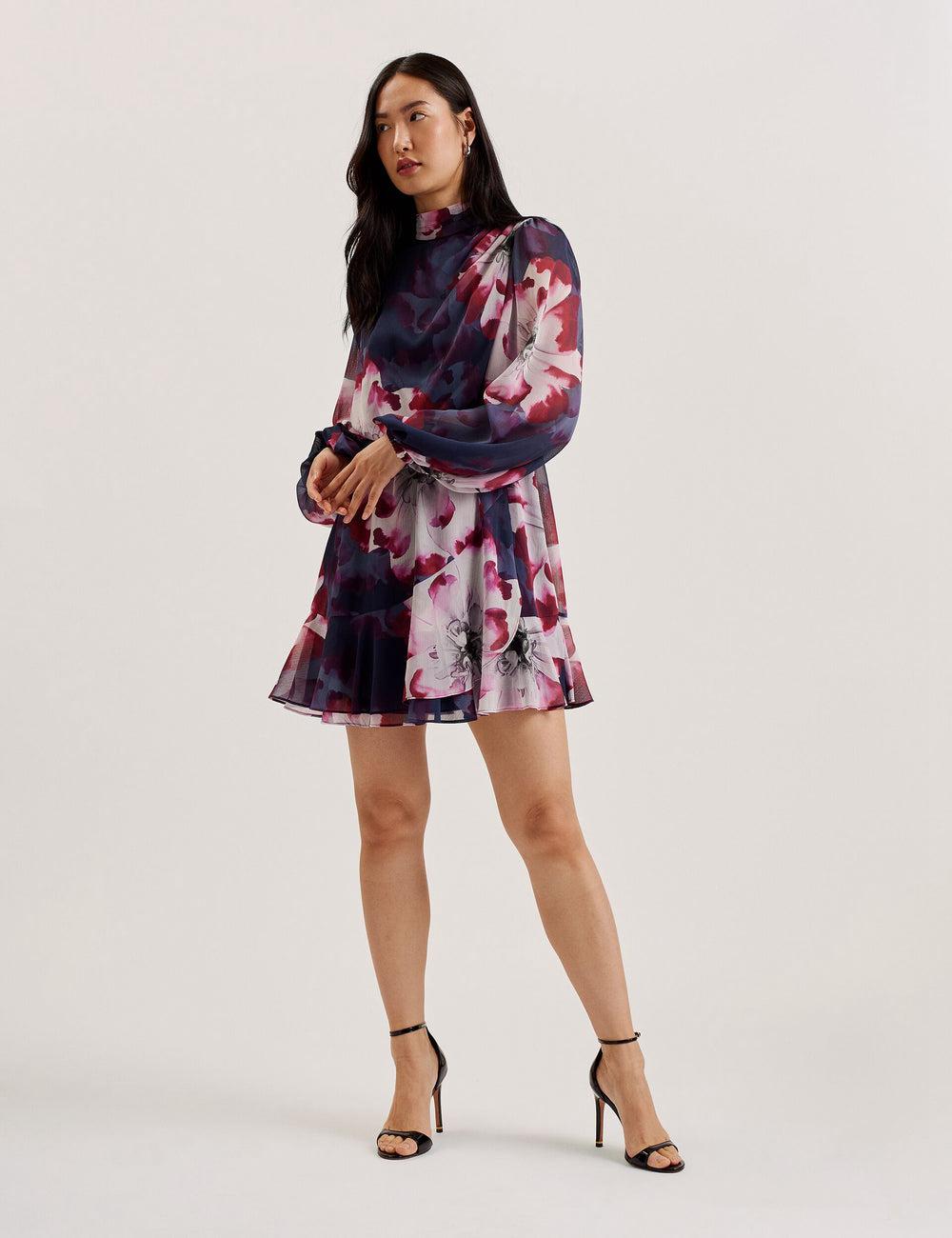 Ted Baker ARACELY - Floral High Neck Long Sleeve Mini-jurk Dames Donkerblauw | XSWI-80917