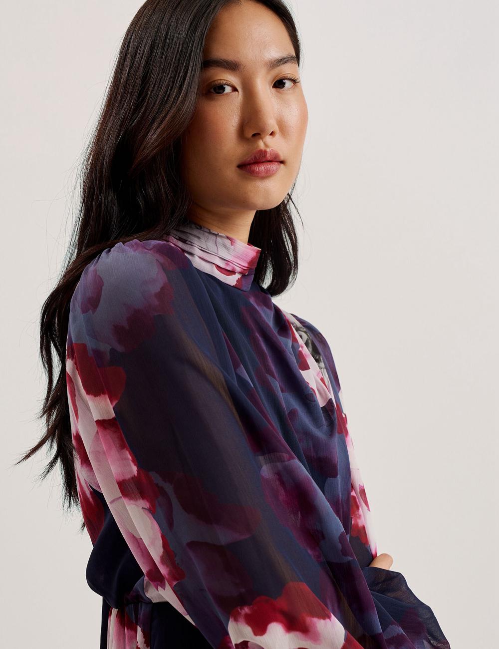 Ted Baker ARACELY - Floral High Neck Long Sleeve Mini-jurk Dames Donkerblauw | XSWI-80917