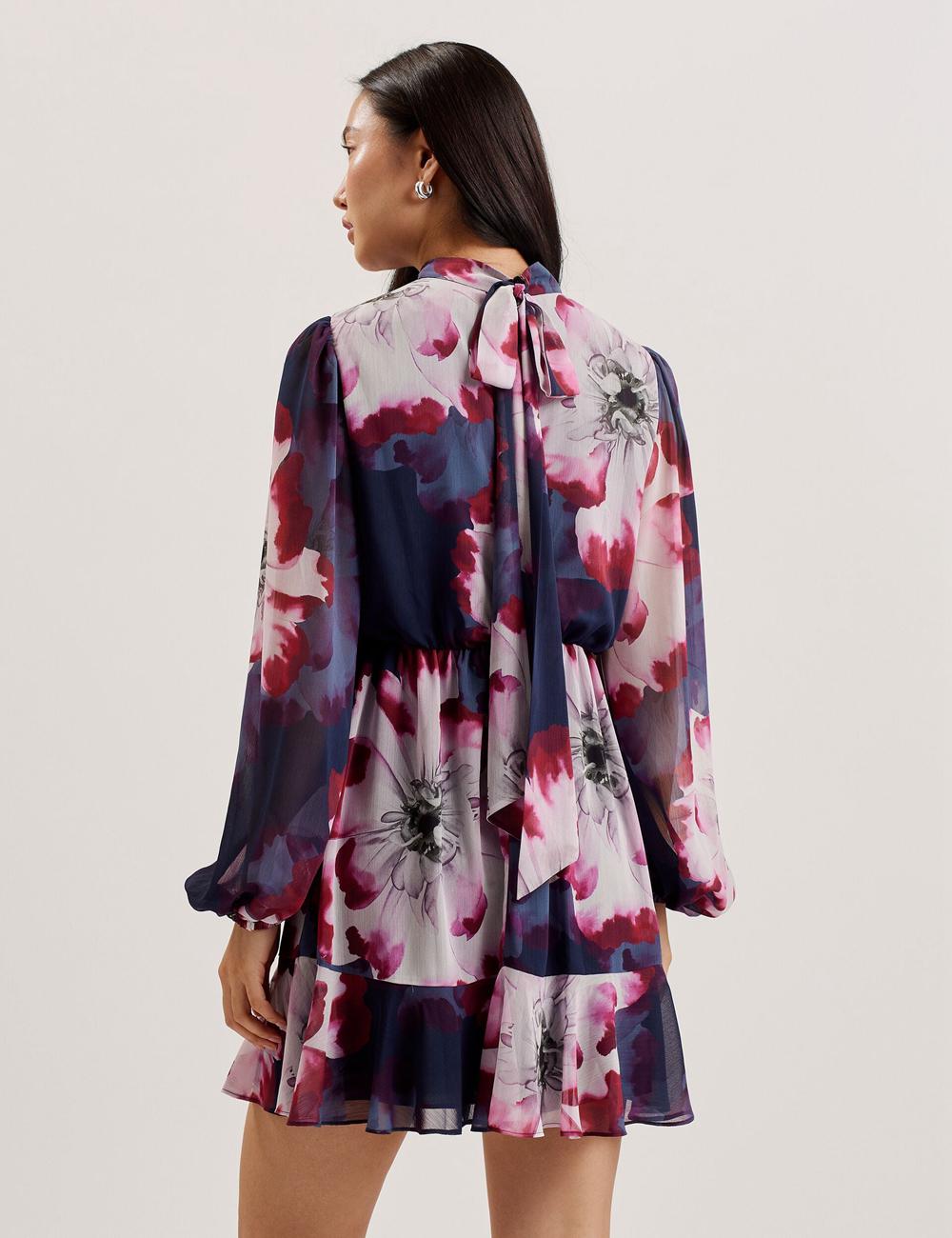 Ted Baker ARACELY - Floral High Neck Long Sleeve Mini-jurk Dames Donkerblauw | XSWI-80917