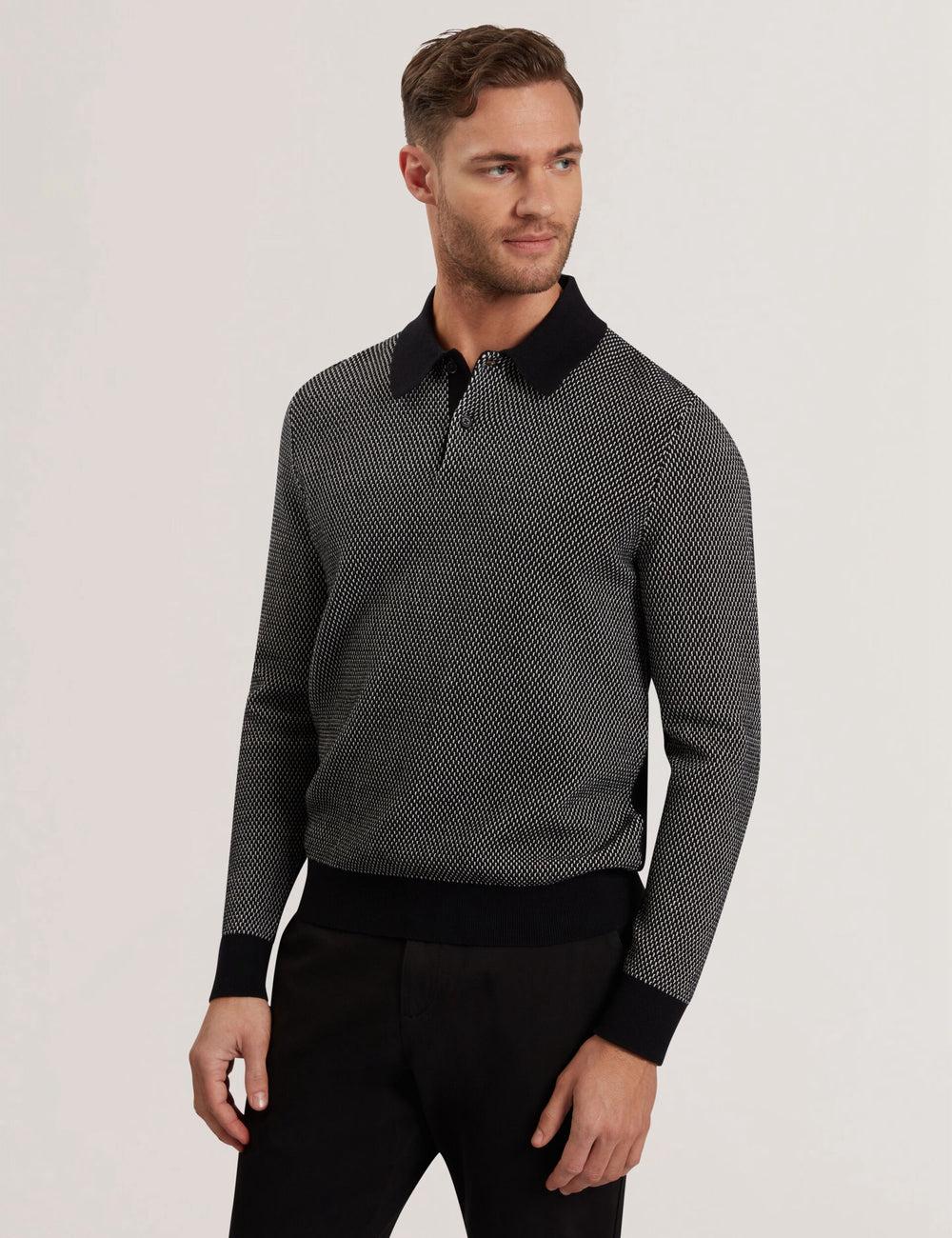 Ted Baker ARDO - Textured Knit Long Sleeve Poloshirt Heren Zwart | RIXN-80764