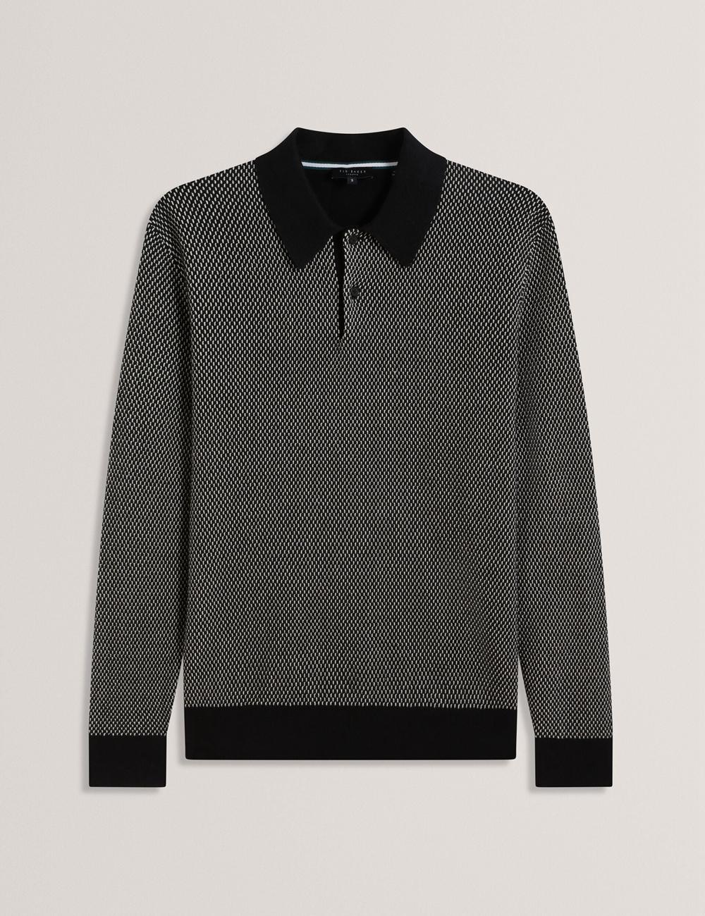 Ted Baker ARDO - Textured Knit Long Sleeve Poloshirt Heren Zwart | RIXN-80764