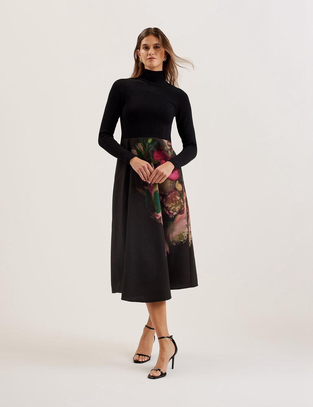 Ted Baker ASNES - Knit Bodice With Printed Skirt Midi-jurk Dames Zwart | DVYL-26974