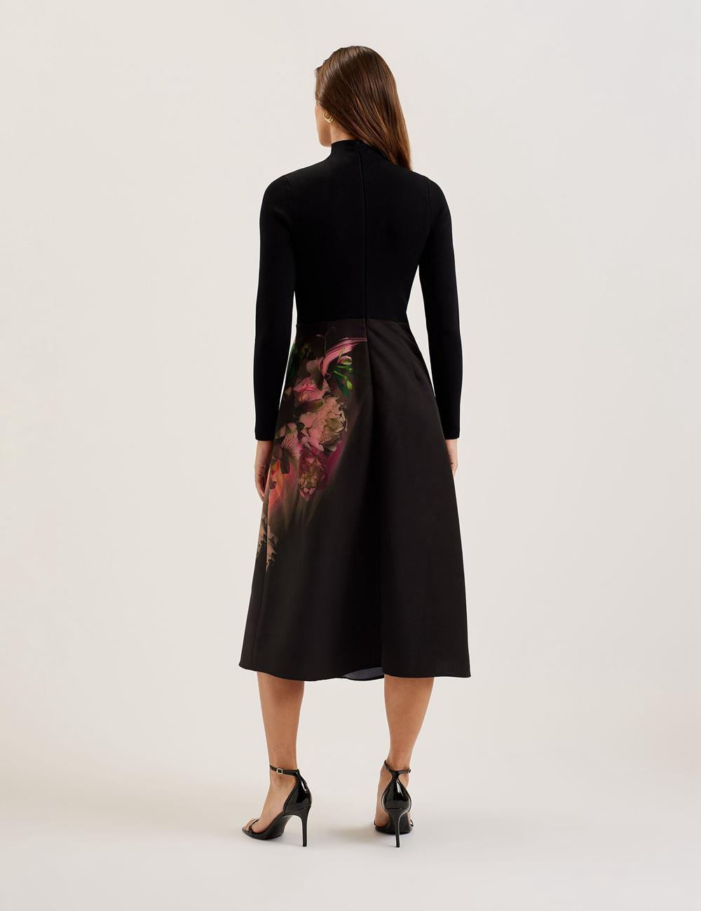 Ted Baker ASNES - Knit Bodice With Printed Skirt Midi-jurk Dames Zwart | DVYL-26974
