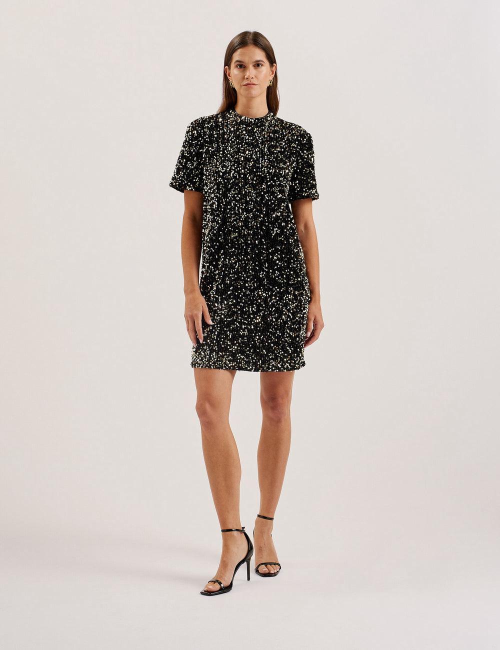 Ted Baker AUDRIYY - Sequin Embellished Velvet Shift Mini-jurk Dames Zwart | GWLA-10284