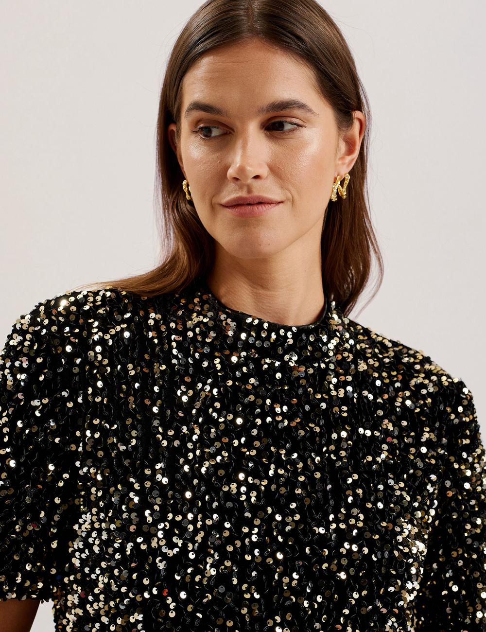 Ted Baker AUDRIYY - Sequin Embellished Velvet Shift Mini-jurk Dames Zwart | GWLA-10284