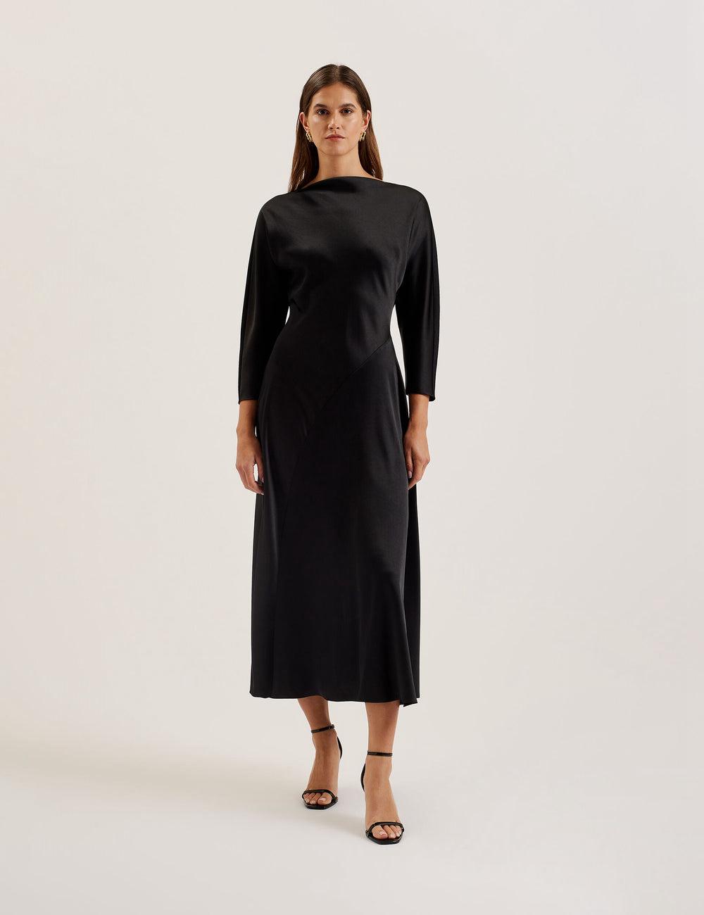 Ted Baker AVELLI - Satin Boat Neck A-Line Midi-jurk Dames Zwart | UHFL-30178