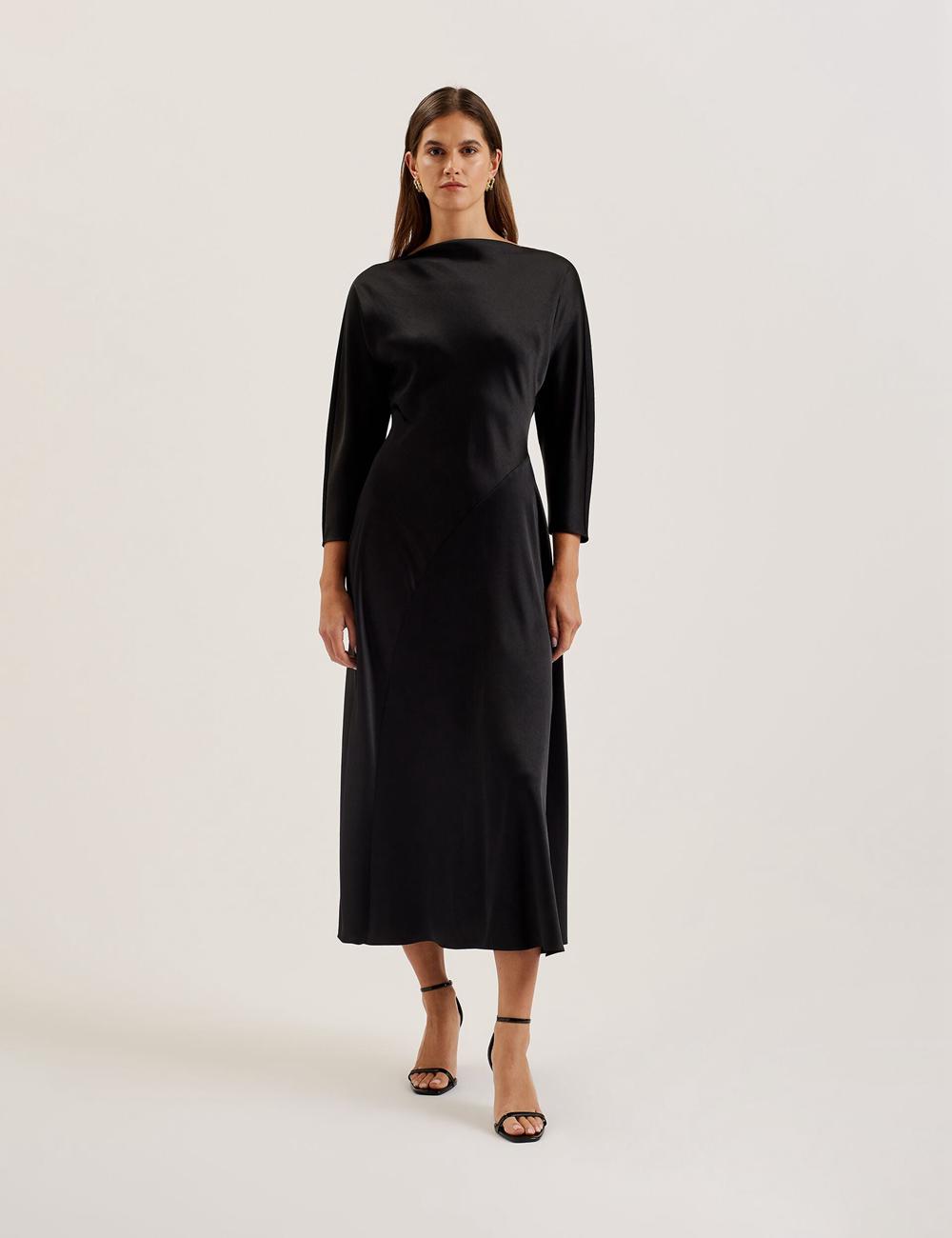 Ted Baker AVELLI - Satin Boat Neck A-Line Midi-jurk Dames Zwart | UHFL-30178