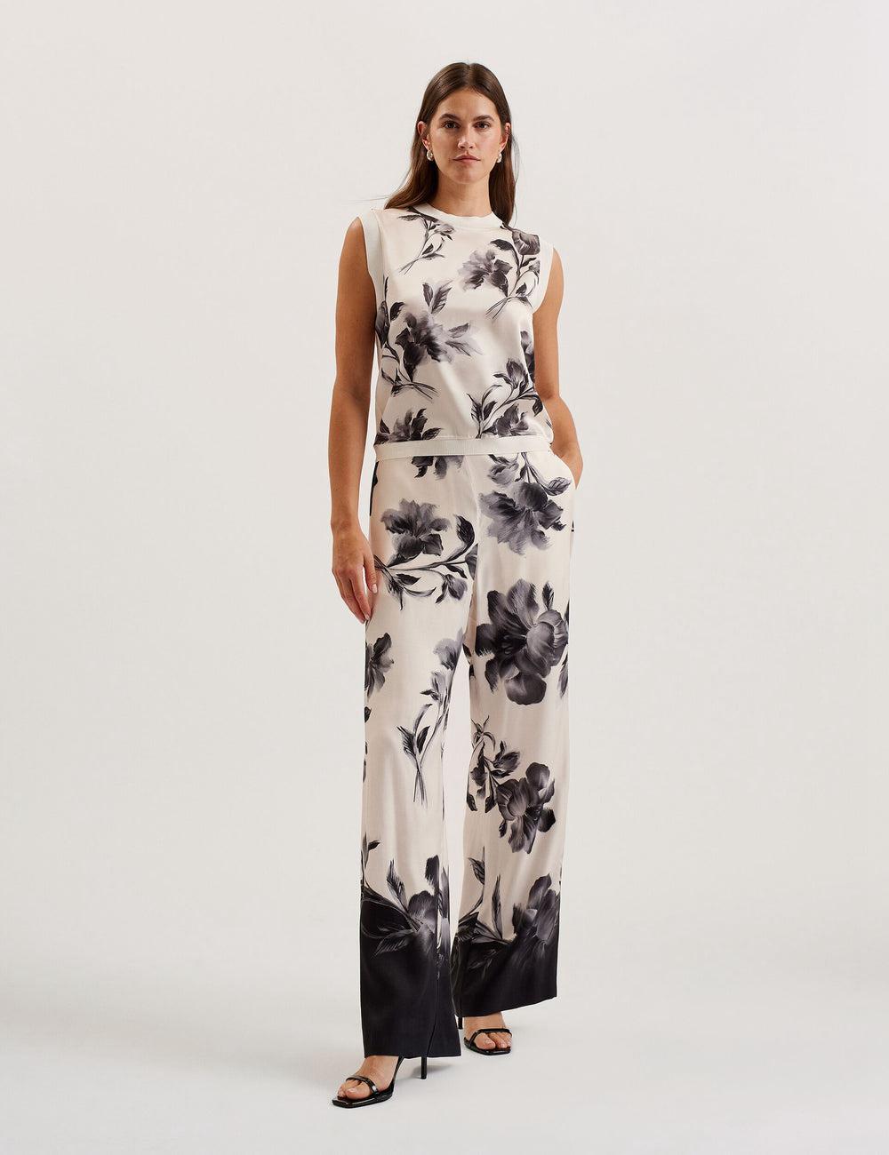 Ted Baker AWYNA - Floral Print Pull-On Wide Leg Broek Dames Zwart | PIWB-89527