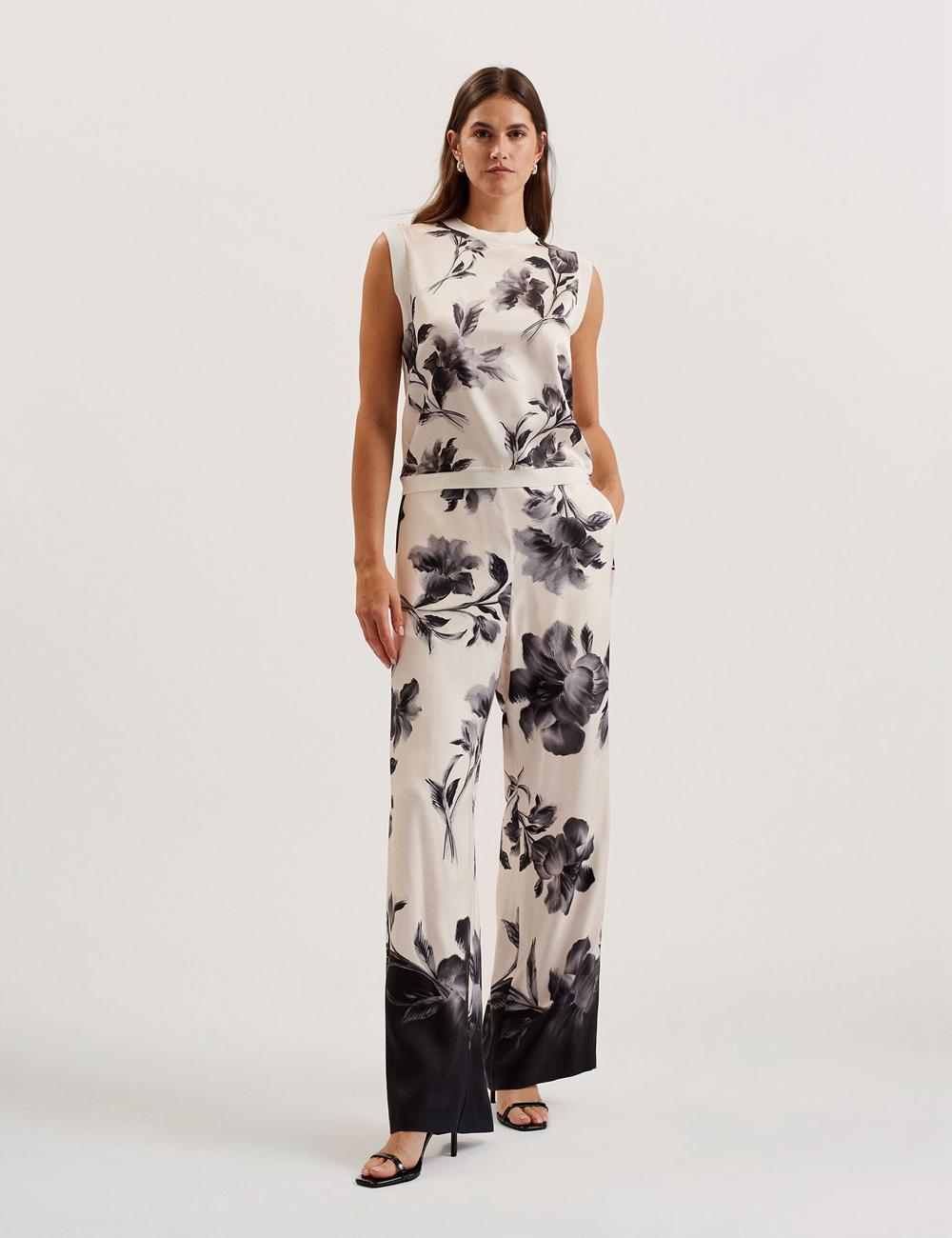 Ted Baker AWYNA - Floral Print Pull-On Wide Leg Broek Dames Zwart | PIWB-89527