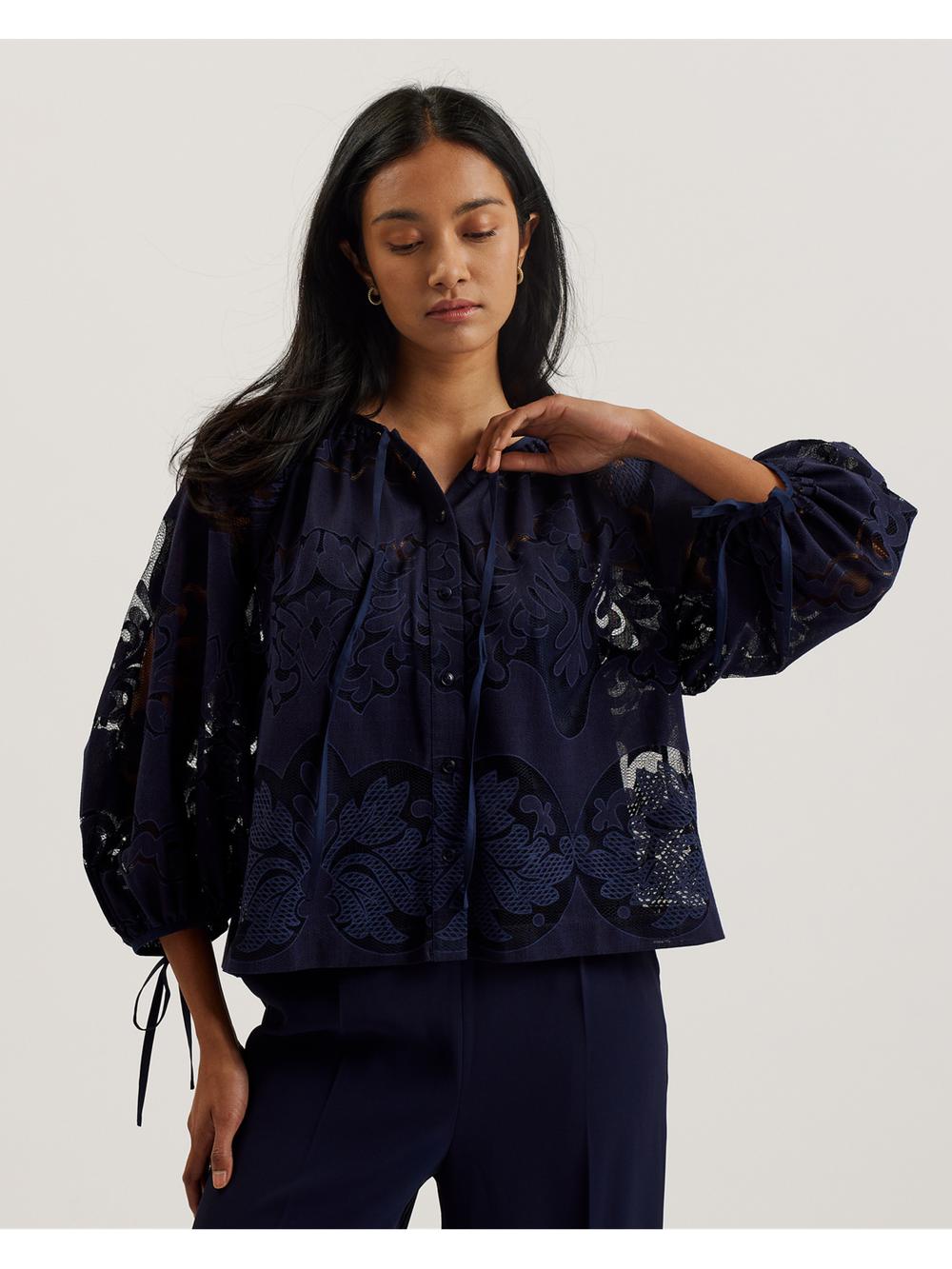 Ted Baker BACINA - Lace 3/4 Balloon Sleeve Blouse Dames Blauw | OQYG-49581