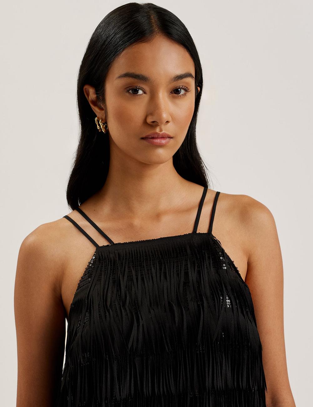 Ted Baker BARTIN - Fringed Sequin Halter Strap Mini-jurk Dames Zwart | PXRW-93046