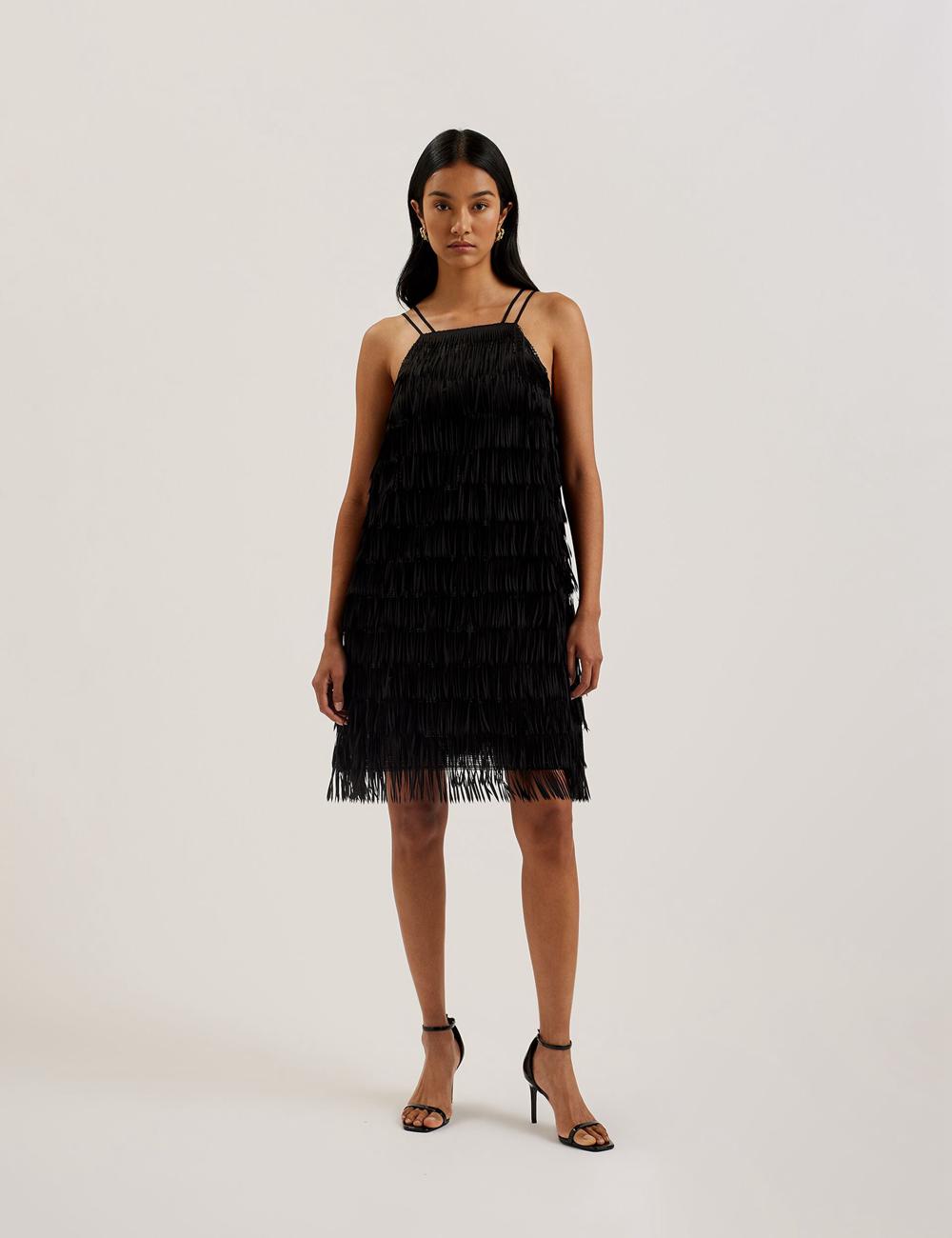 Ted Baker BARTIN - Fringed Sequin Halter Strap Mini-jurk Dames Zwart | PXRW-93046