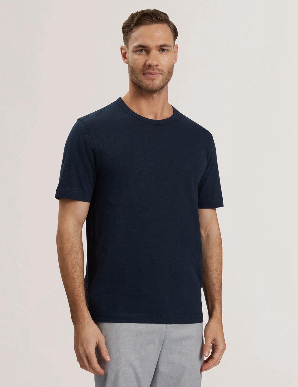 Ted Baker BARTOL - Regular Cotton Linen Crew Neck T-shirts Heren Donkerblauw | BSFM-72509