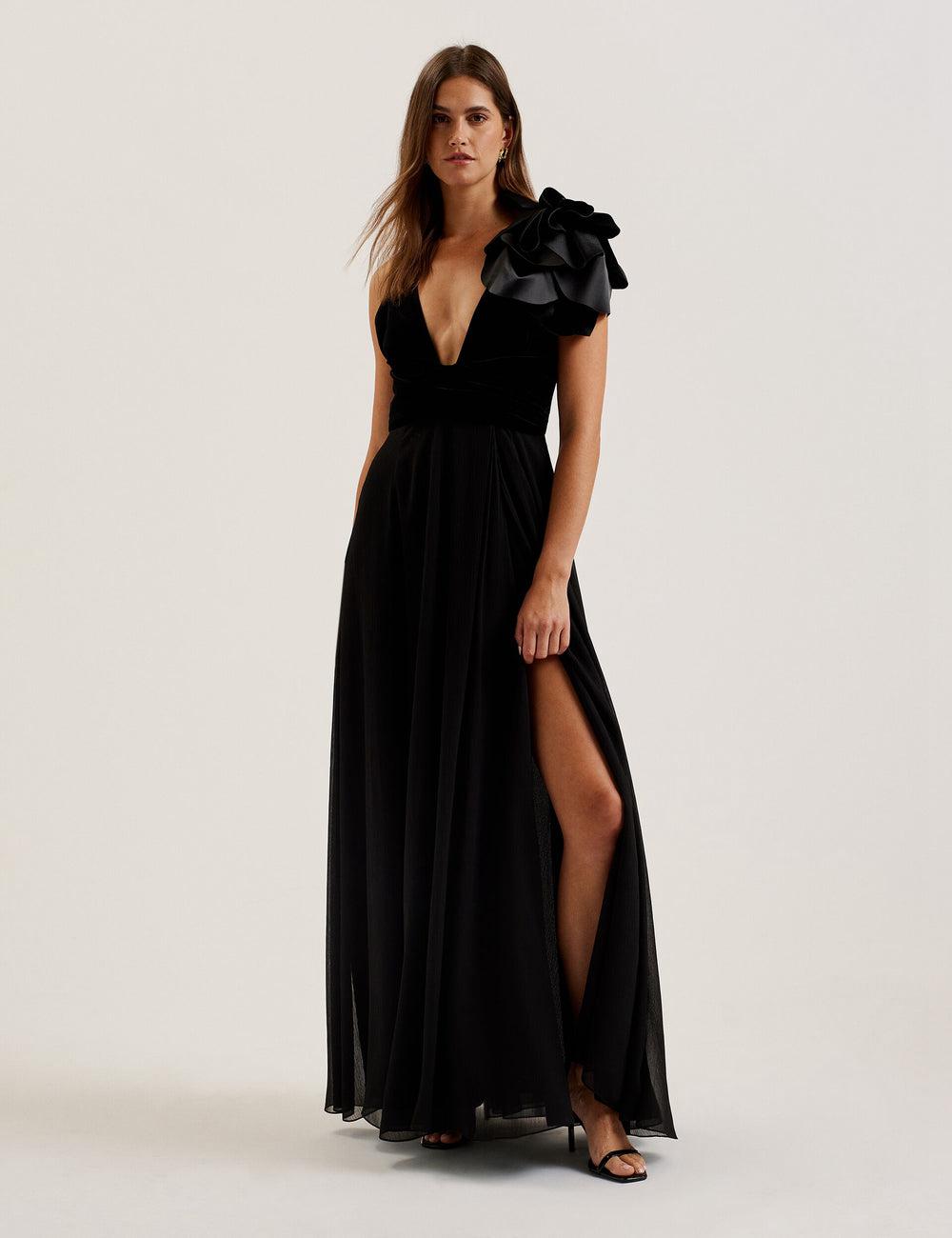 Ted Baker BEIRA - Corsage Plunge Neck Sleeveless Maxi Jurk Dames Zwart | WHSU-27145