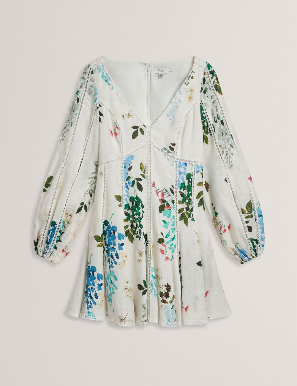 Ted Baker BELVIDA - Floral Crochet Trim Linen Mini-jurk Dames Wit | HWKE-49261
