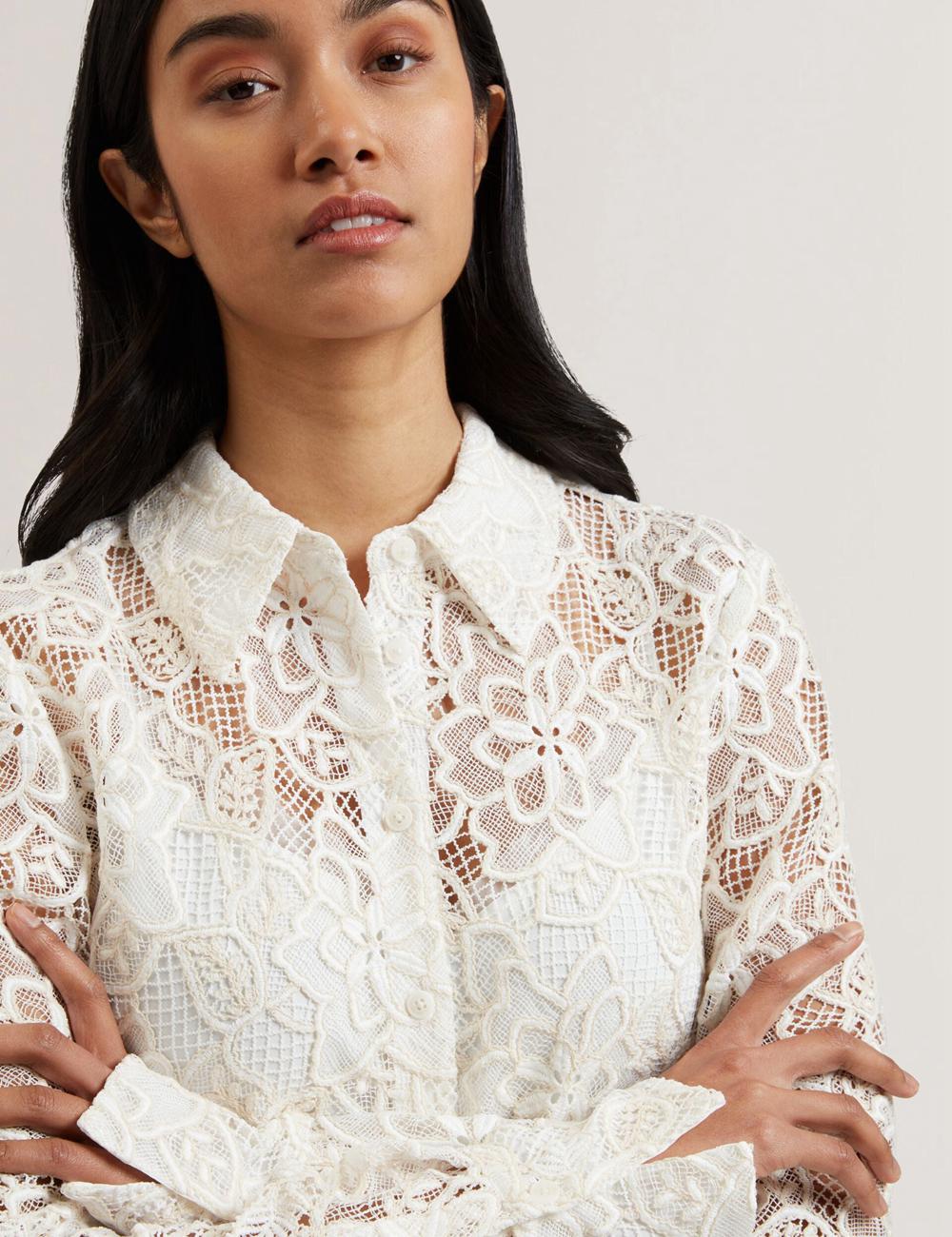 Ted Baker BLOND - Floral Lace Longline Cotton Shirt Topjes Dames Ivory | BTFQ-65139