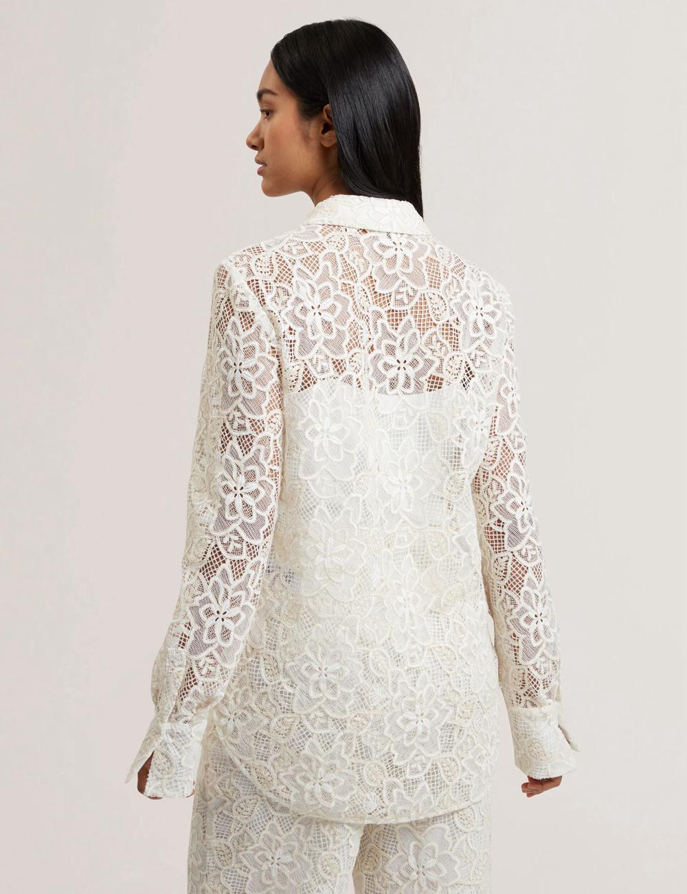 Ted Baker BLOND - Floral Lace Longline Cotton Shirt Topjes Dames Ivory | BTFQ-65139