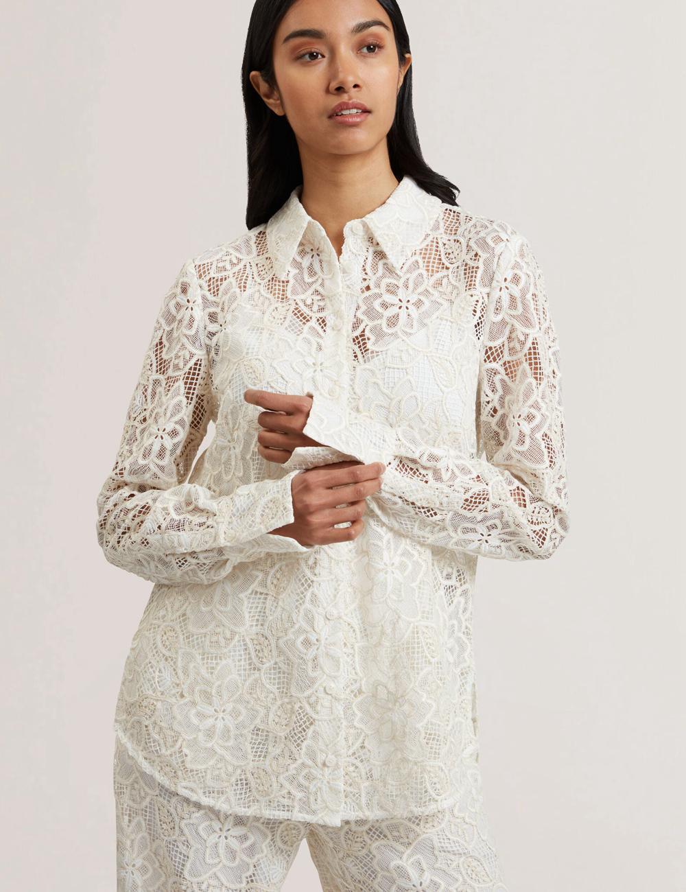 Ted Baker BLOND - Floral Lace Longline Cotton Shirt Topjes Dames Ivory | BTFQ-65139