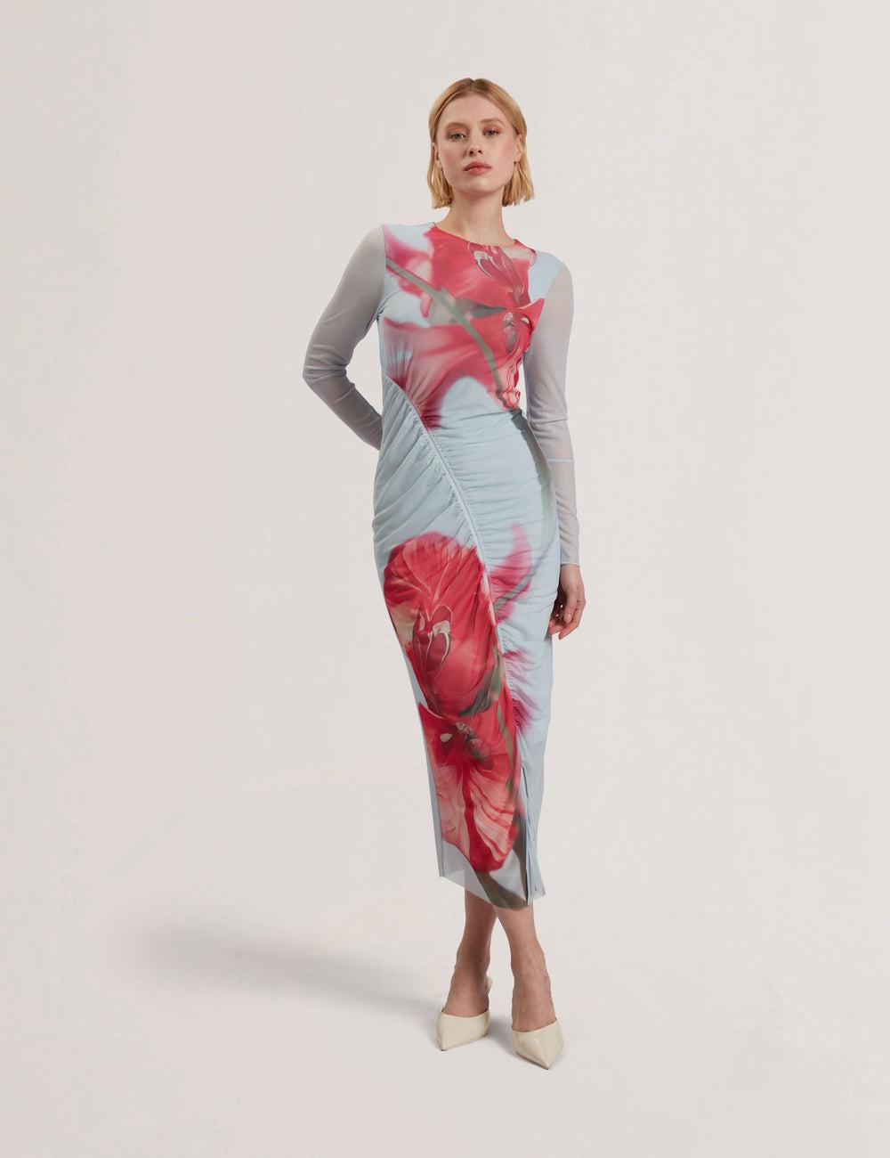 Ted Baker BOXNINE - Printed Mesh Gathering Bodycon Midi-jurk Dames Blauw | UBWY-49807
