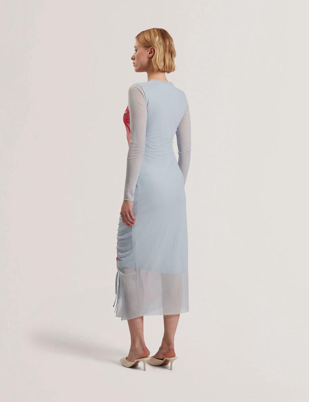 Ted Baker BOXNINE - Printed Mesh Gathering Bodycon Midi-jurk Dames Blauw | UBWY-49807