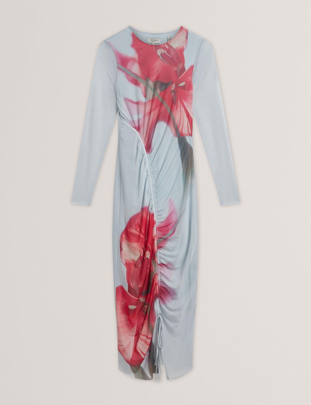 Ted Baker BOXNINE - Printed Mesh Gathering Bodycon Midi-jurk Dames Blauw | UBWY-49807