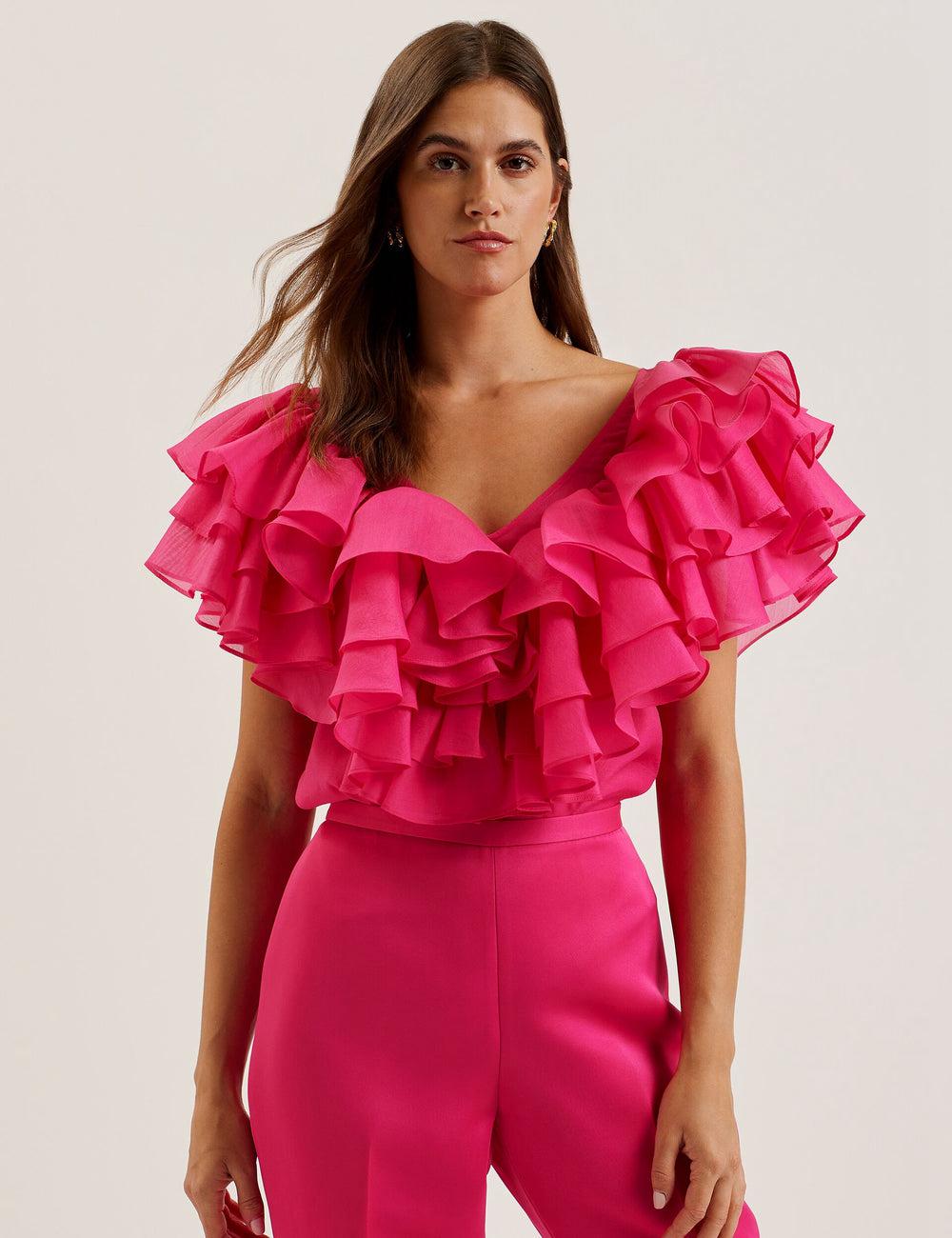 Ted Baker CALONDA - Oversized Frill Trim V-Neck Top Blouse Dames Fuchsie | FYAC-37620