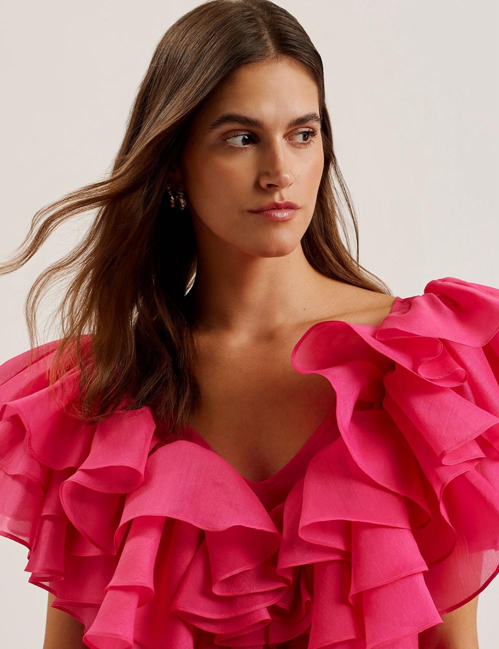 Ted Baker CALONDA - Oversized Frill Trim V-Neck Top Blouse Dames Fuchsie | FYAC-37620