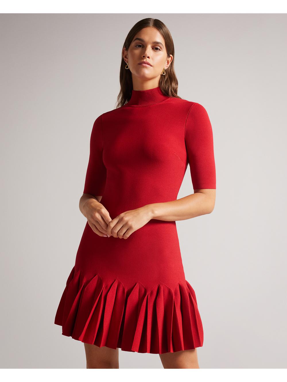 Ted Baker CANDDY - Pleated Hem Bodycon Knit Mini-jurk Dames Rood | NZTK-61342