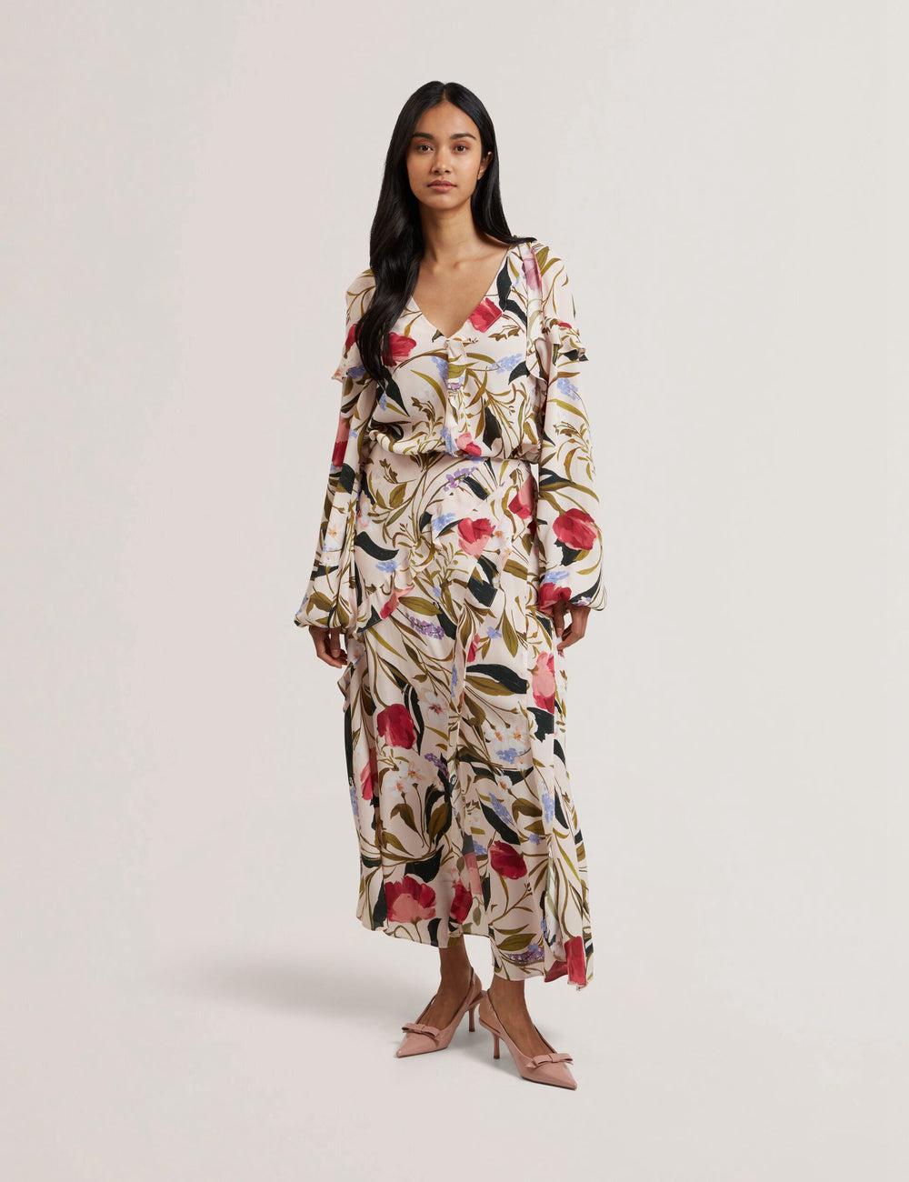 Ted Baker CANDICI - Floral Print Frill Trim With Split Rokken Dames Roze | XGSN-39582