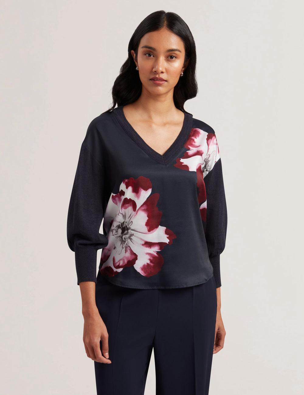 Ted Baker CASEYJ - Printed Woven Front V-Neck Jumpers Dames Donkerblauw | FWST-12890