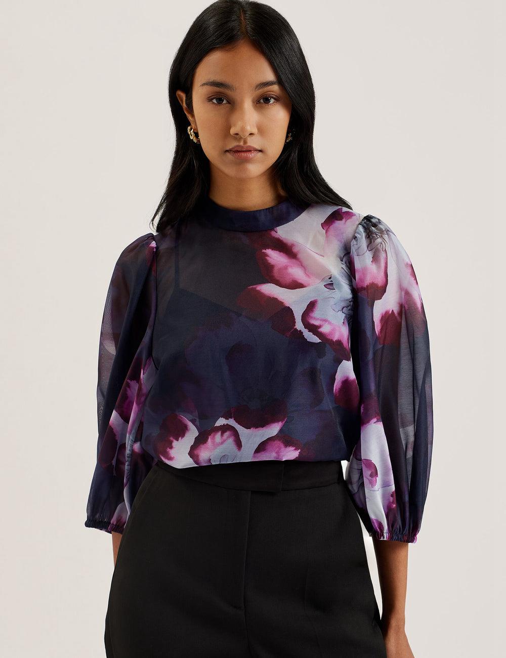 Ted Baker CATALO - Floral Print Balloon Sleeve Organza Top Blouse Dames Donkerblauw | TZHS-36749
