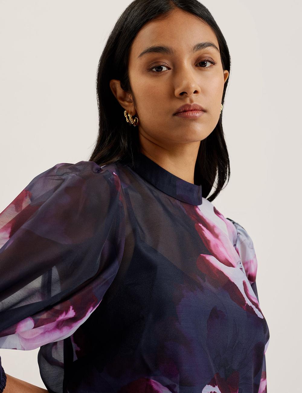Ted Baker CATALO - Floral Print Balloon Sleeve Organza Top Blouse Dames Donkerblauw | TZHS-36749