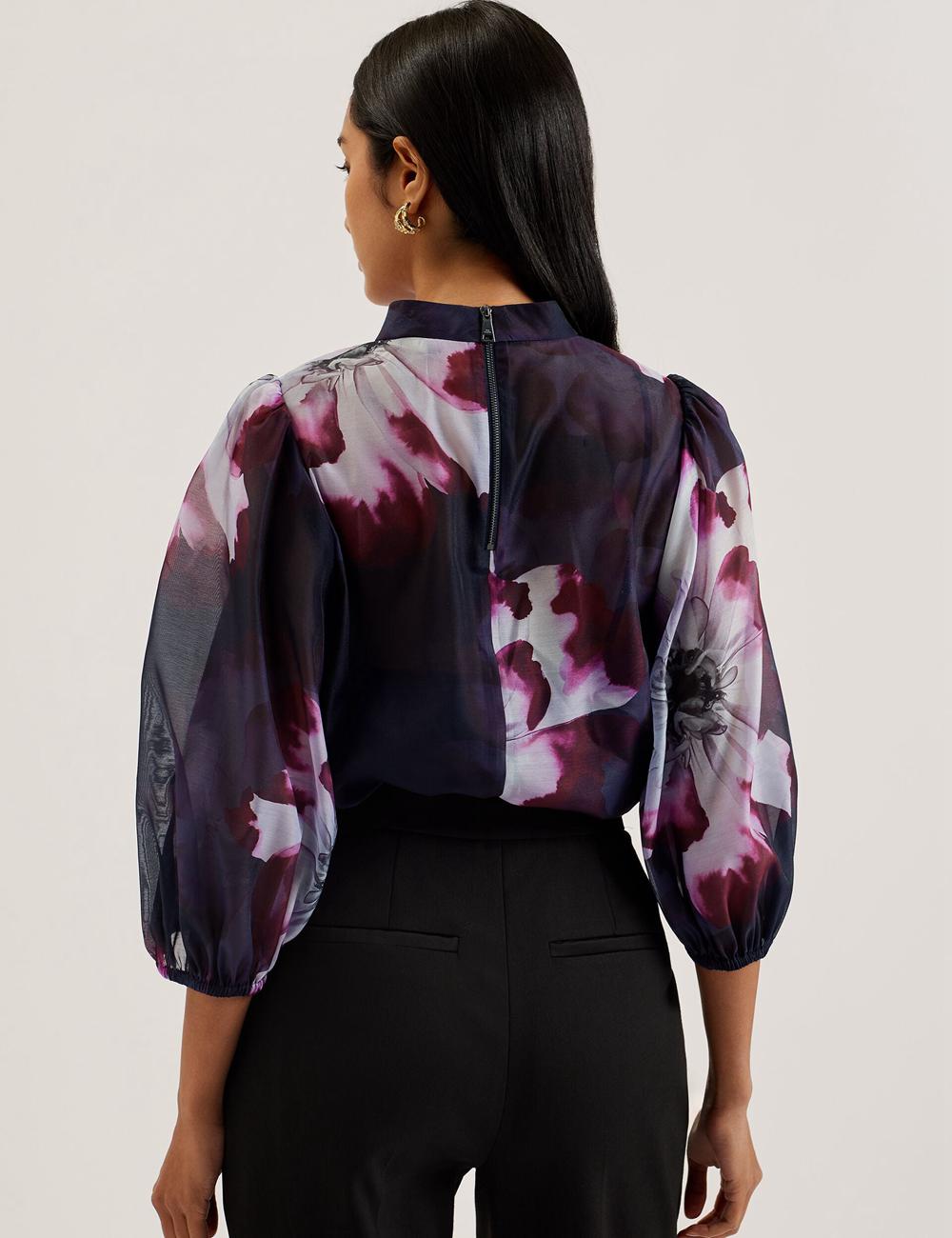 Ted Baker CATALO - Floral Print Balloon Sleeve Organza Top Blouse Dames Donkerblauw | TZHS-36749