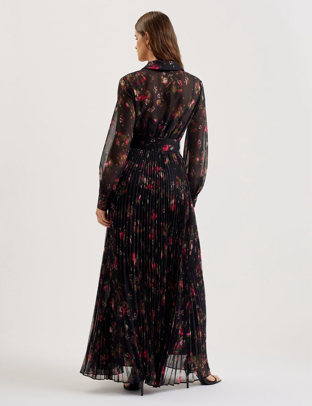 Ted Baker CEIBA - Floral Print Pleated Maxi Shirt Maxi Jurk Dames Zwart | BFYX-41067