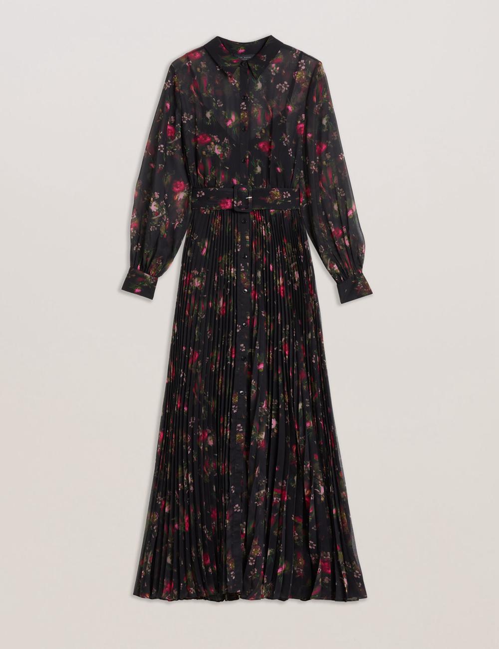Ted Baker CEIBA - Floral Print Pleated Maxi Shirt Maxi Jurk Dames Zwart | BFYX-41067