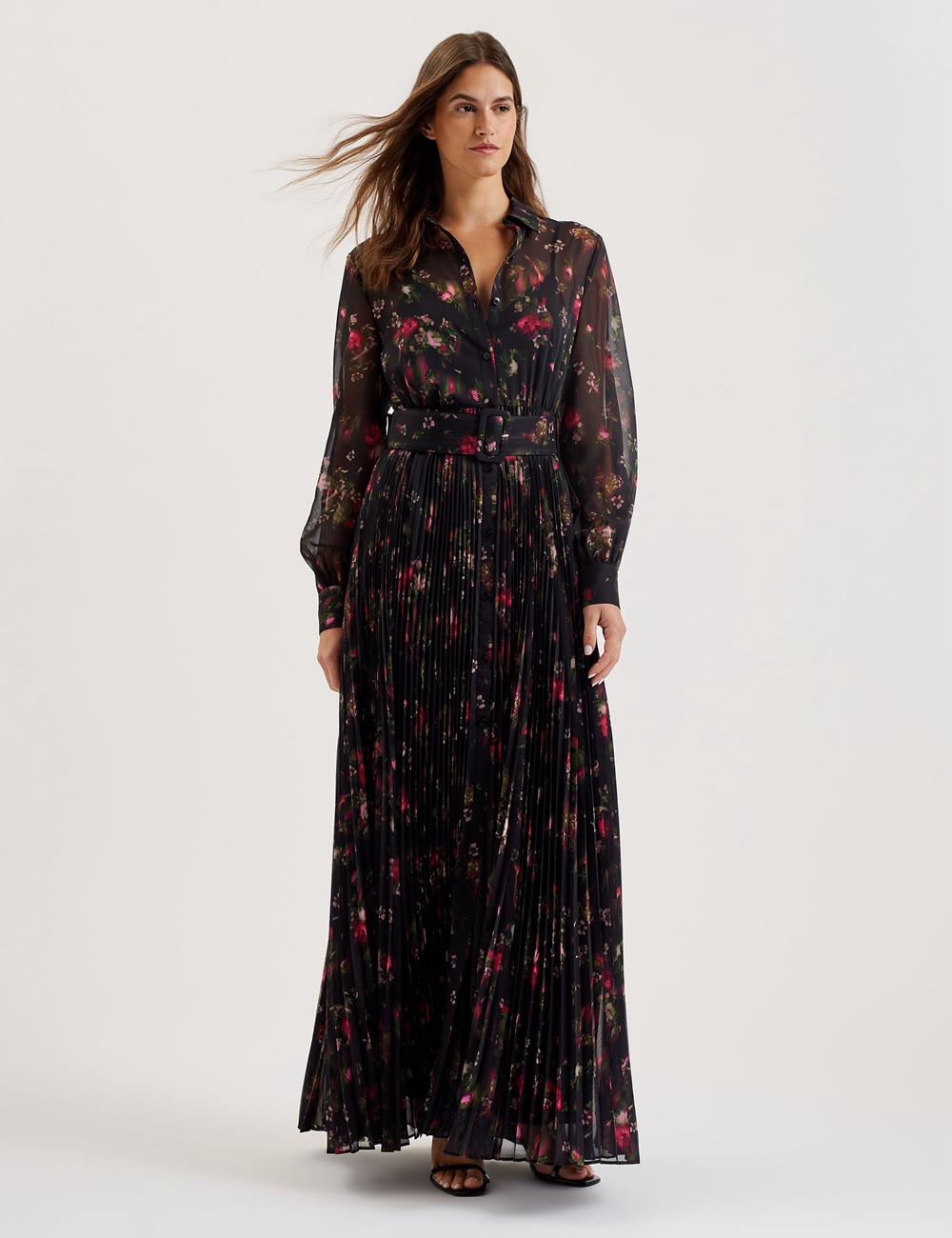 Ted Baker CEIBA - Floral Print Pleated Maxi Shirt Maxi Jurk Dames Zwart | BFYX-41067