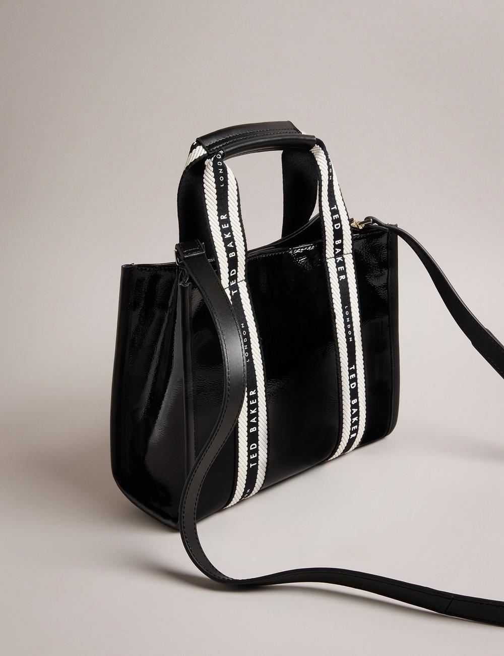 Ted Baker CELIANE - Branded Webbing Patent Small Tote Tassen Dames Zwart | IMTG-95624